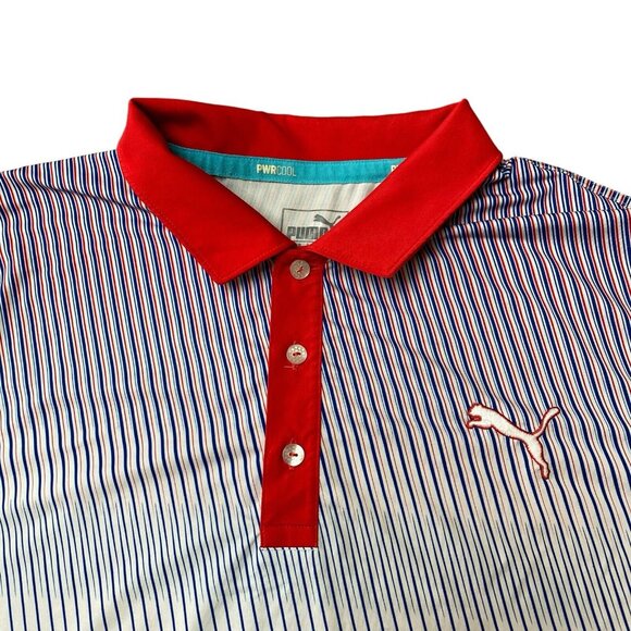PumaDry Cell Golf Polo Mens Medium Performance PWRCool Red Blue Striped - Picture 2 of 7
